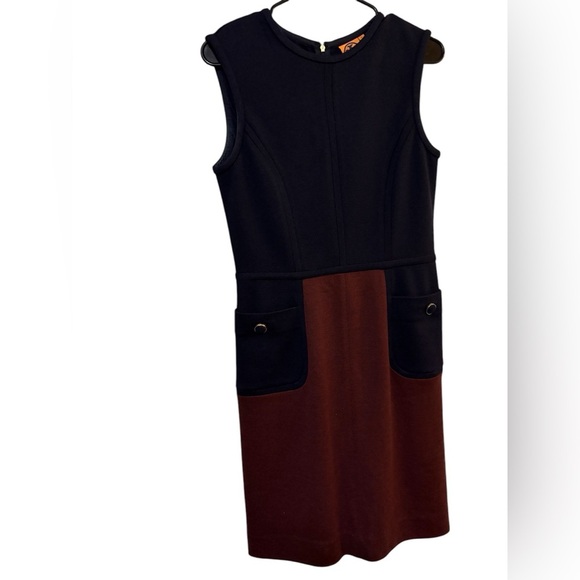 TORY BURCH Ponte knit Sheath Dress colorblock wool Blend knee sleeveless S - Picture 2 of 6
